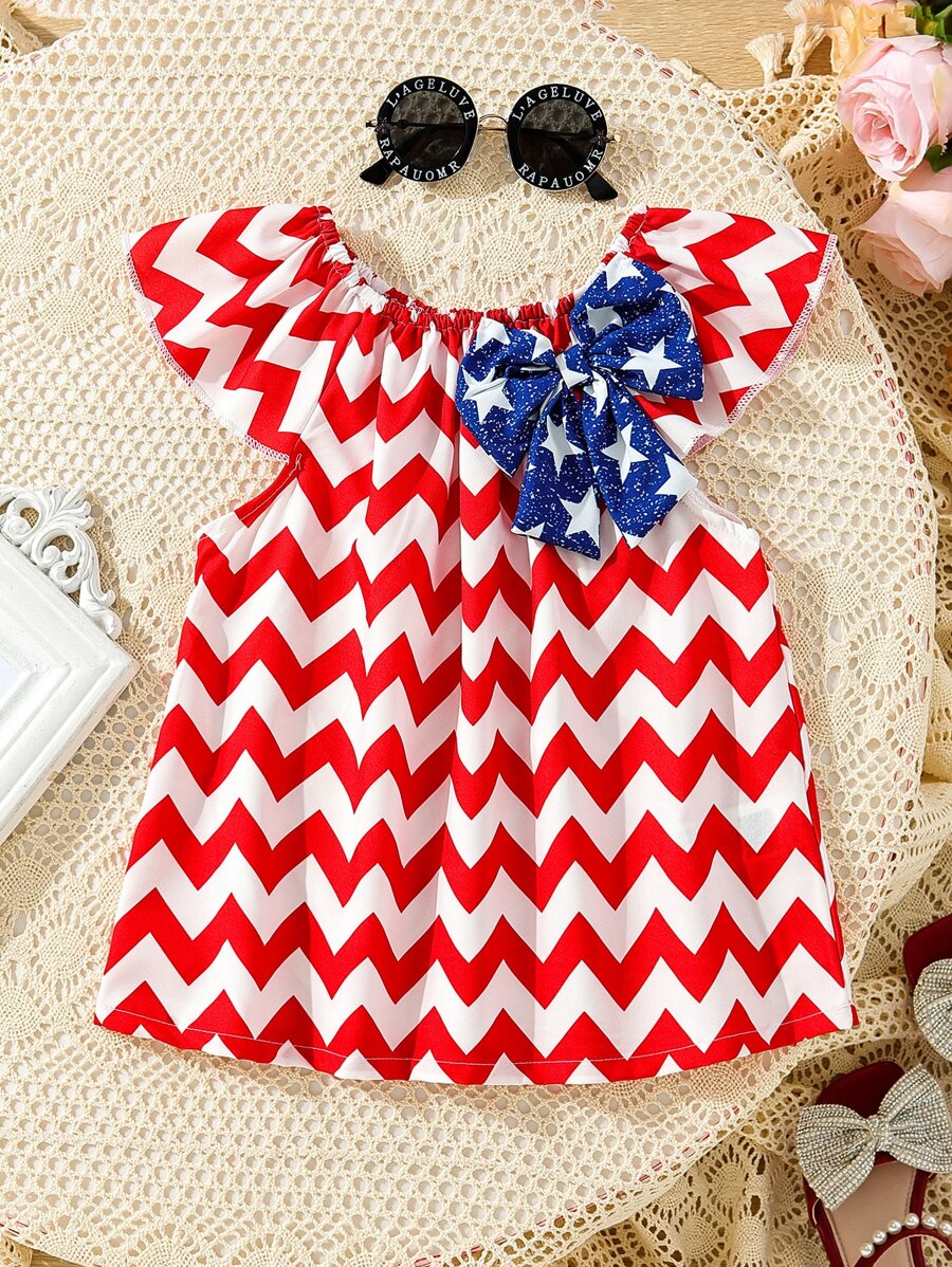 Toddler Girls Chevron Print Bow Front Blouse - Red and White - View 1