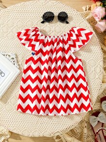 Toddler Girls Chevron Print Bow Front Blouse - Red and White - View 2