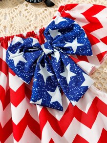 Toddler Girls Chevron Print Bow Front Blouse - Red and White - View 4