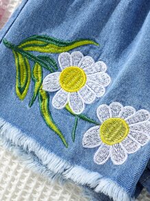 SHEIN Cô Gái Trẻ vui tươi Thêu Hoa Frayed Hem Quần short Denim Với A Phong cách hiện đại Cho mùa hè - Màu xanh lam - Xem 3