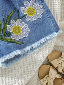 SHEIN Cô Gái Trẻ vui tươi Thêu Hoa Frayed Hem Quần short Denim Với A Phong cách hiện đại Cho mùa hè - Màu xanh lam - Xem 5