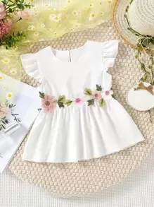 小女童貼花荷葉邊荷葉邊下擺腰襯衫 - 白色 - 查看 1
