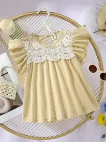 Niñas Camiseta con encaje en contraste ribete con fruncido de espalda con abertura de ojo - Caqui - Ver 1