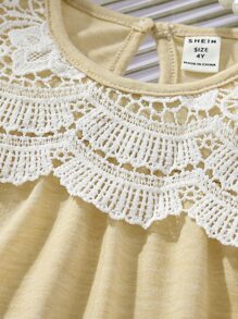 Niñas Camiseta con encaje en contraste ribete con fruncido de espalda con abertura de ojo - Caqui - Ver 3