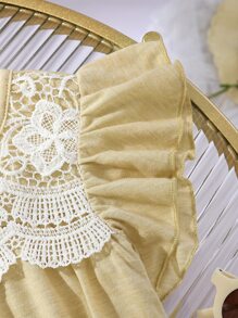 Niñas Camiseta con encaje en contraste ribete con fruncido de espalda con abertura de ojo - Caqui - Ver 4