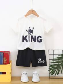 SHEIN 男童皇冠和字母圖案t恤和短褲