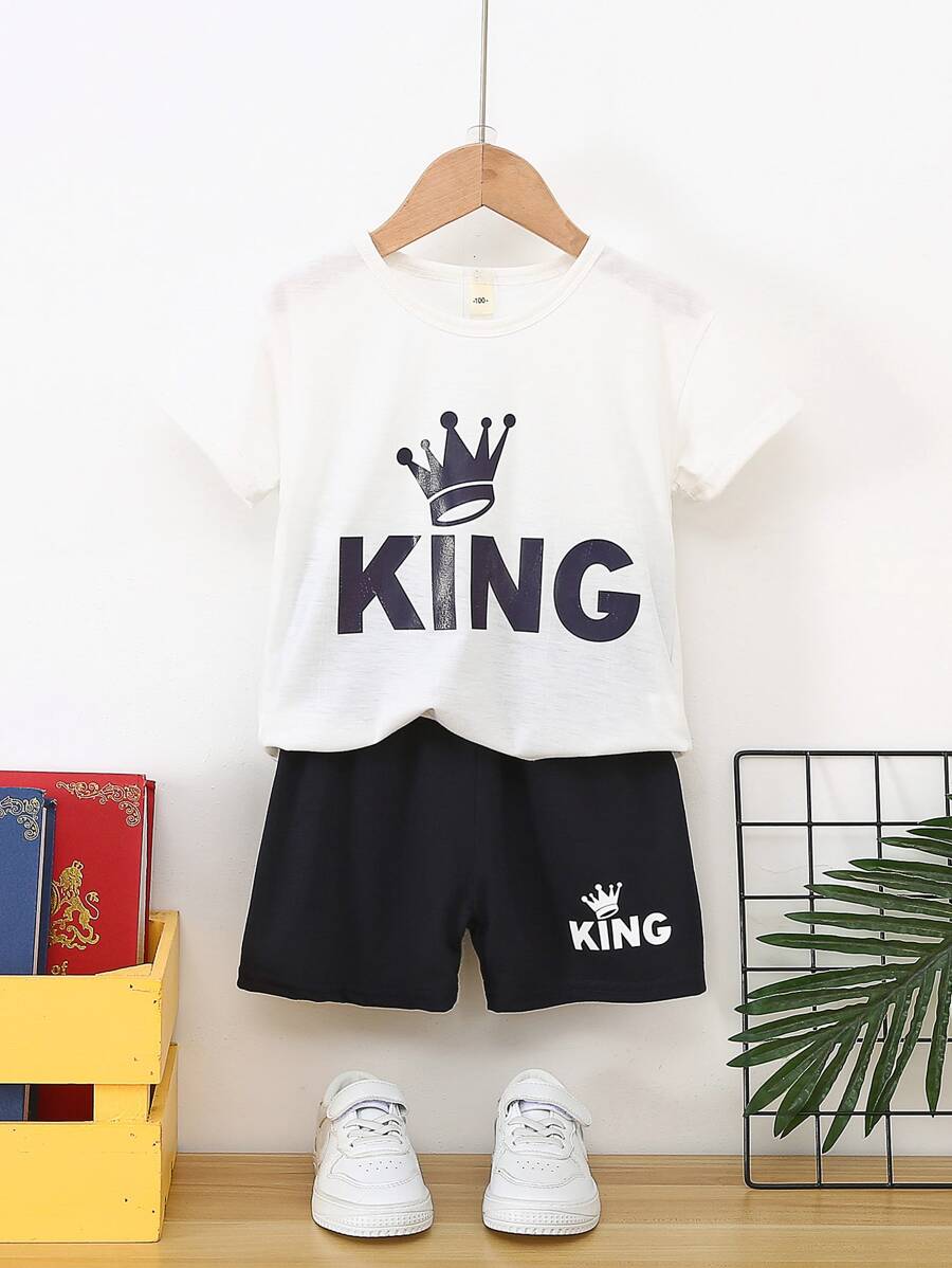 SHEIN 男童皇冠和字母圖案t恤和短褲