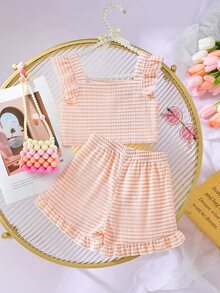 Niñas Shorts con top de rayas ribete con fruncido - Naranja - Ver 1