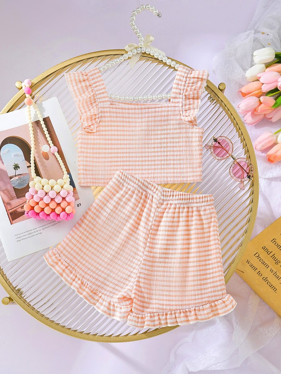 Niñas Shorts con top de rayas ribete con fruncido - Naranja - Ver 1