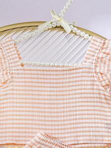 Niñas Shorts con top de rayas ribete con fruncido - Naranja - Ver 6