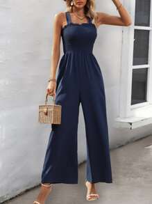 SHEIN VCAY Solid Wide Leg Cami Jumpsuit - Navy Blue - View 1