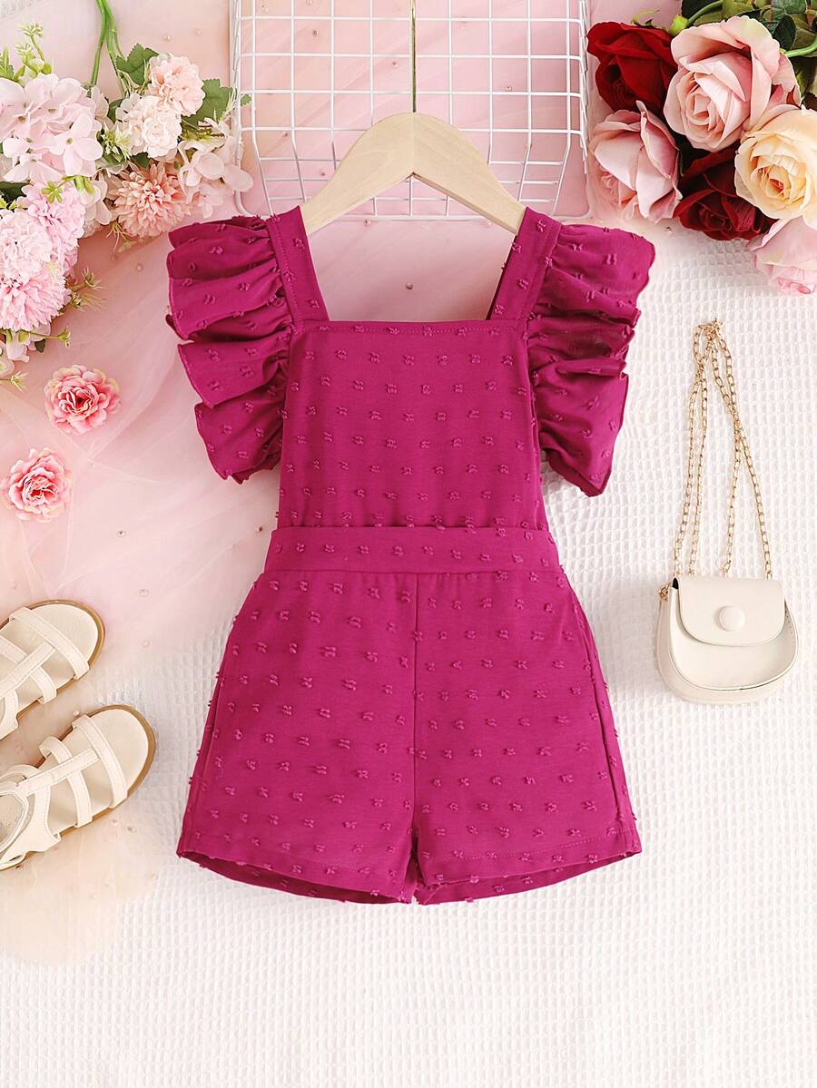 小女童圓點方領荷葉邊連身短褲 - 玫紅色 - 查看 1