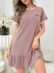 Letter Embroidery Ruffle Hem Nightdress - Dusty Purple - View 1