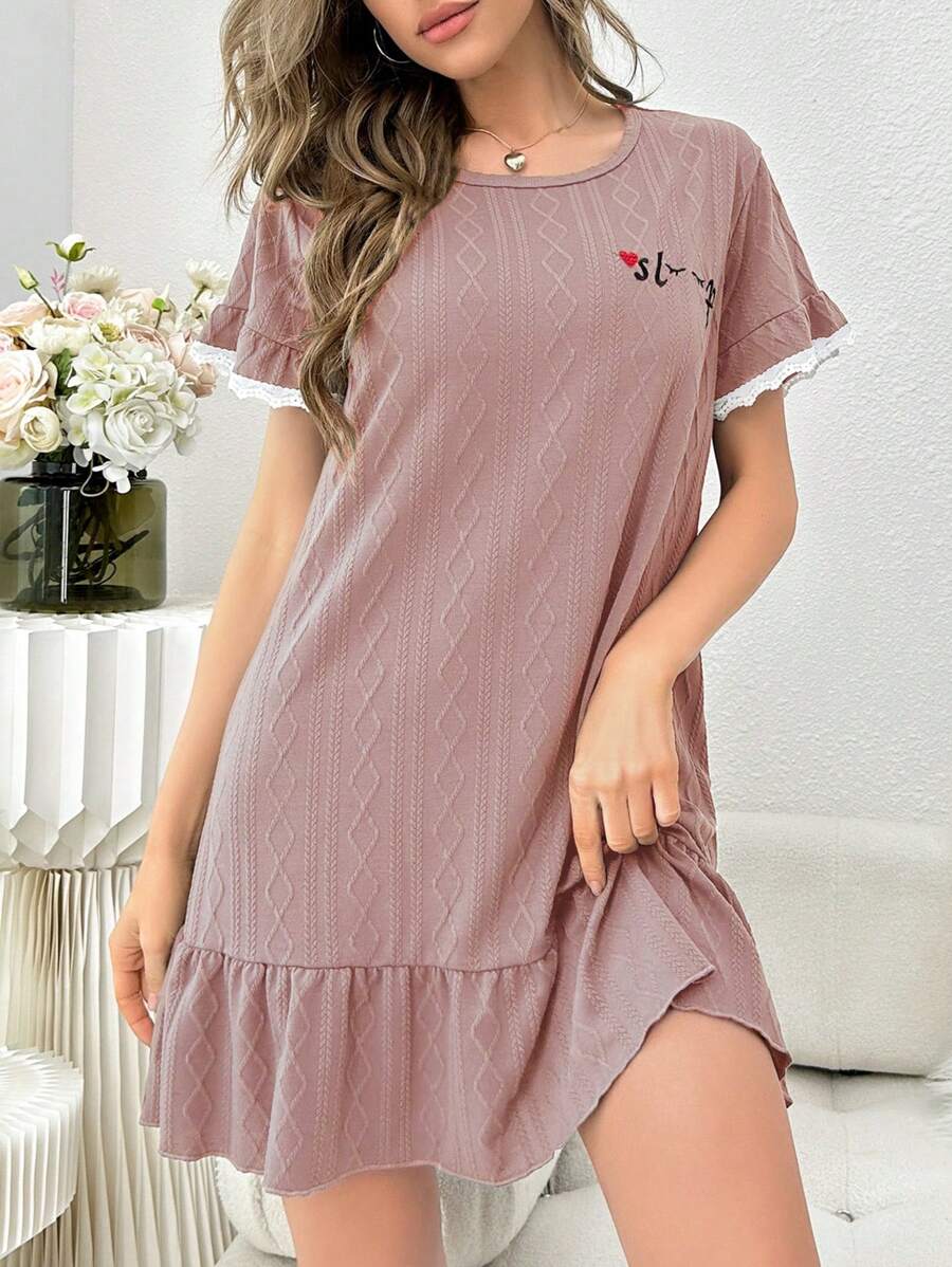Letter Embroidery Ruffle Hem Nightdress - Dusty Purple - View 1