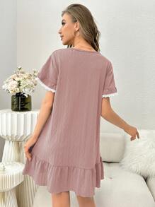 Letter Embroidery Ruffle Hem Nightdress - Dusty Purple - View 2