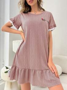 Letter Embroidery Ruffle Hem Nightdress - Dusty Purple - View 3