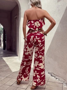 SHEIN VCAY 印花荷葉邊抹胸連體褲 - 酒紅色 - 查看 2