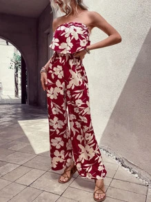 SHEIN VCAY 印花荷葉邊抹胸連體褲 - 酒紅色 - 查看 4