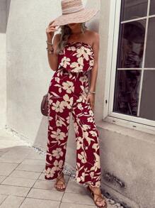 SHEIN VCAY 印花荷葉邊抹胸連體褲 - 酒紅色 - 查看 5