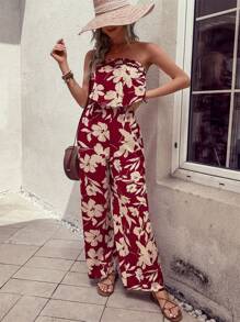 SHEIN VCAY 印花荷葉邊抹胸連體褲 - 酒紅色 - 查看 6