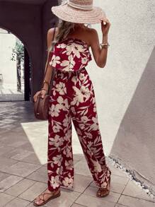 SHEIN VCAY 印花荷葉邊抹胸連體褲 - 酒紅色 - 查看 7