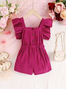 小女童圓點方領荷葉邊連身短褲 - 玫紅色 - 查看 2