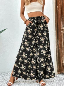 SHEIN VCAY Floral Print Split Thigh Wide Leg Trousers - Black - View 4