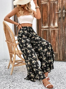 SHEIN VCAY Floral Print Split Thigh Wide Leg Trousers - Black - View 5