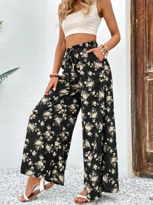 SHEIN VCAY Floral Print Split Thigh Wide Leg Trousers - Black - View 1