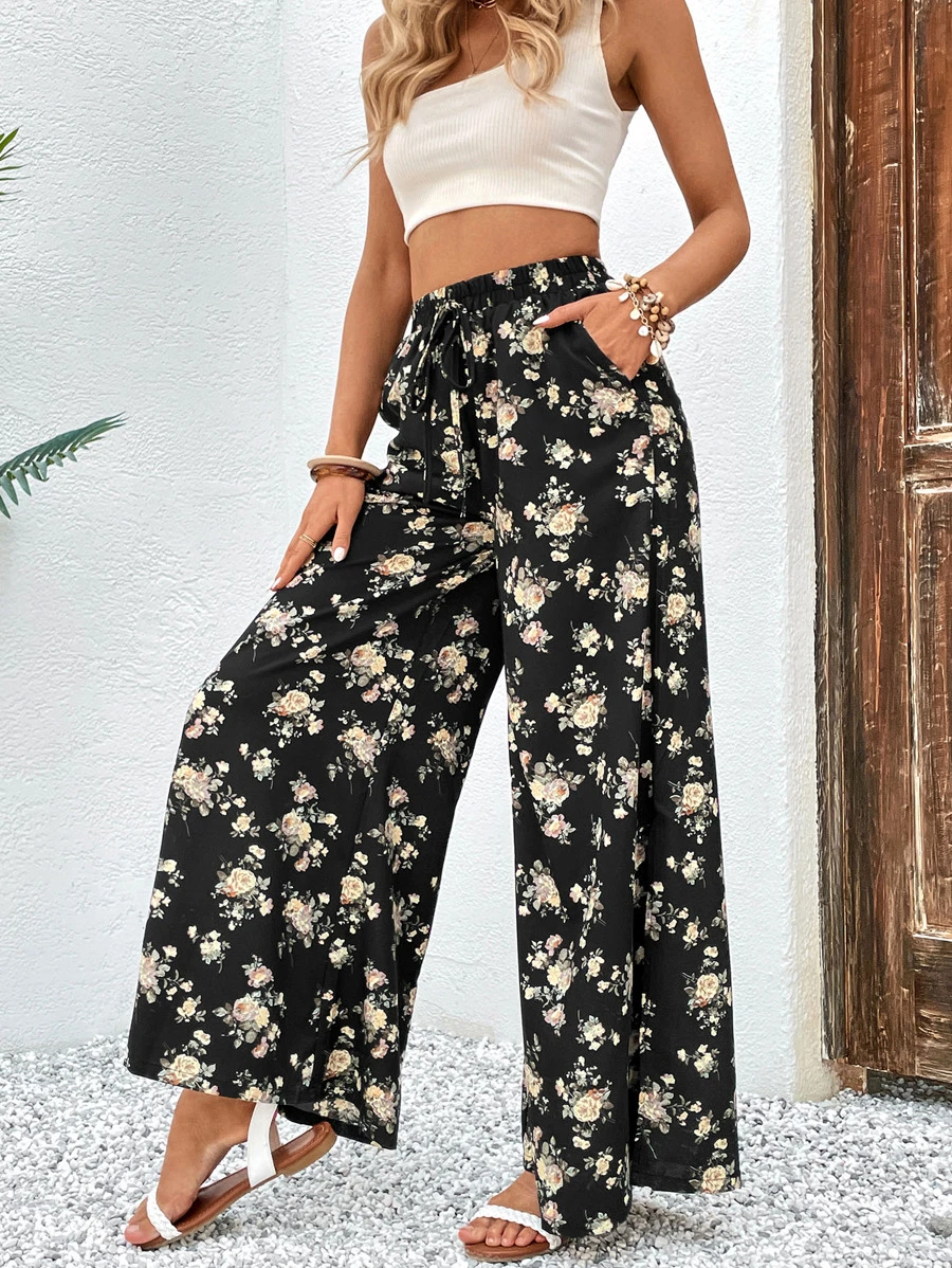 SHEIN VCAY Floral Print Split Thigh Wide Leg Trousers - Black - View 1
