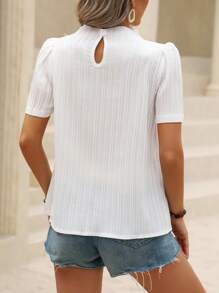 SHEIN Clasi Solid Puff Sleeve Keyhole Back Blouse - White - View 2