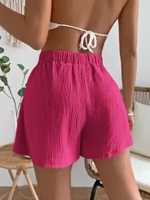 SHEIN VCAY Shorts unicolor de cintura con nudo - Rosa Fucsia - Ver 2