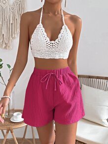 SHEIN VCAY Shorts unicolor de cintura con nudo - Rosa Fucsia - Ver 3
