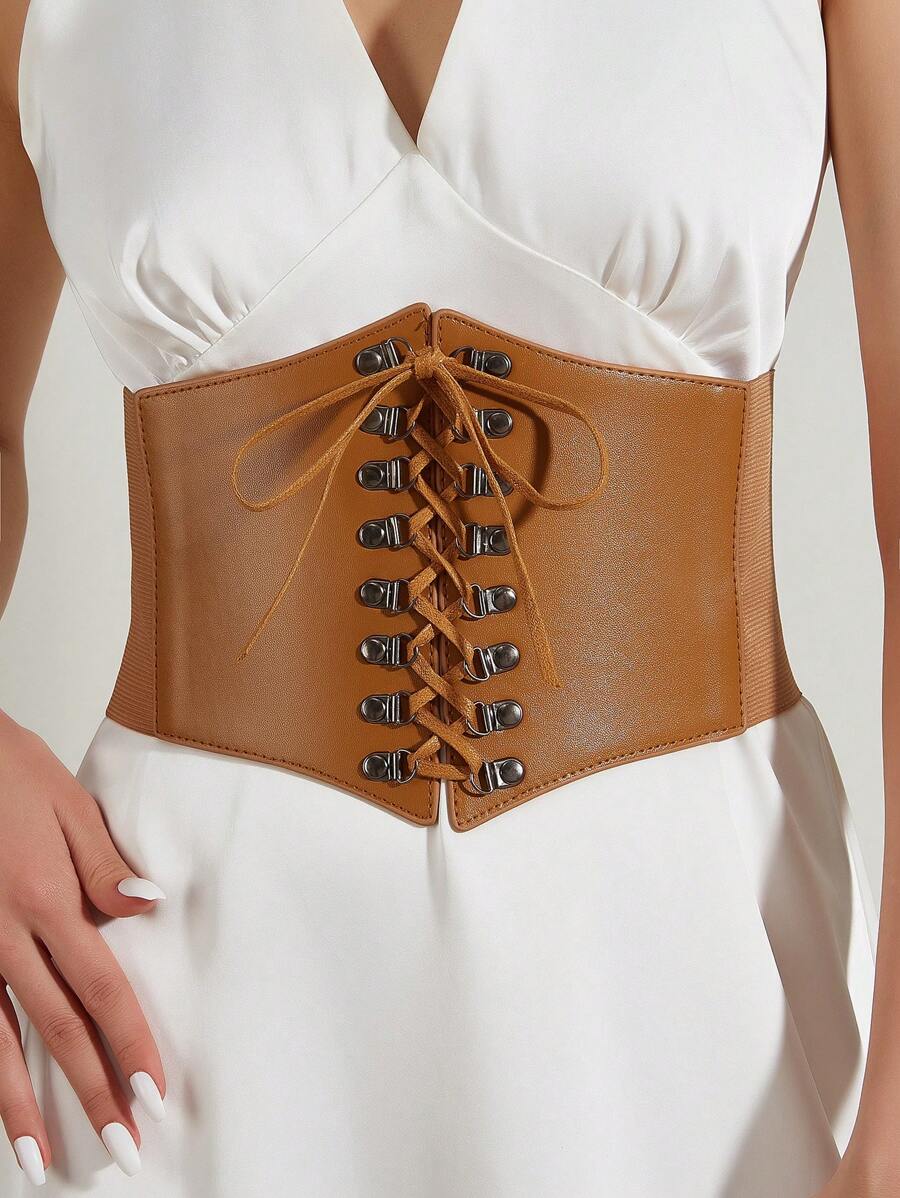 1入組女士前繫帶復古束腰帶適用於衣物裝飾