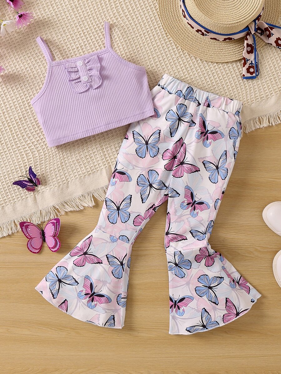 SHEIN 年轻女孩淡紫色吊带上衣和蝴蝶印花休闲可爱细肩带喇叭裤套装夏季 - 紫丁香色 - 查看 1