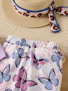 SHEIN 年轻女孩淡紫色吊带上衣和蝴蝶印花休闲可爱细肩带喇叭裤套装夏季 - 紫丁香色 - 查看 4