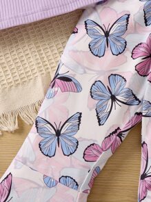 SHEIN 年轻女孩淡紫色吊带上衣和蝴蝶印花休闲可爱细肩带喇叭裤套装夏季 - 紫丁香色 - 查看 5