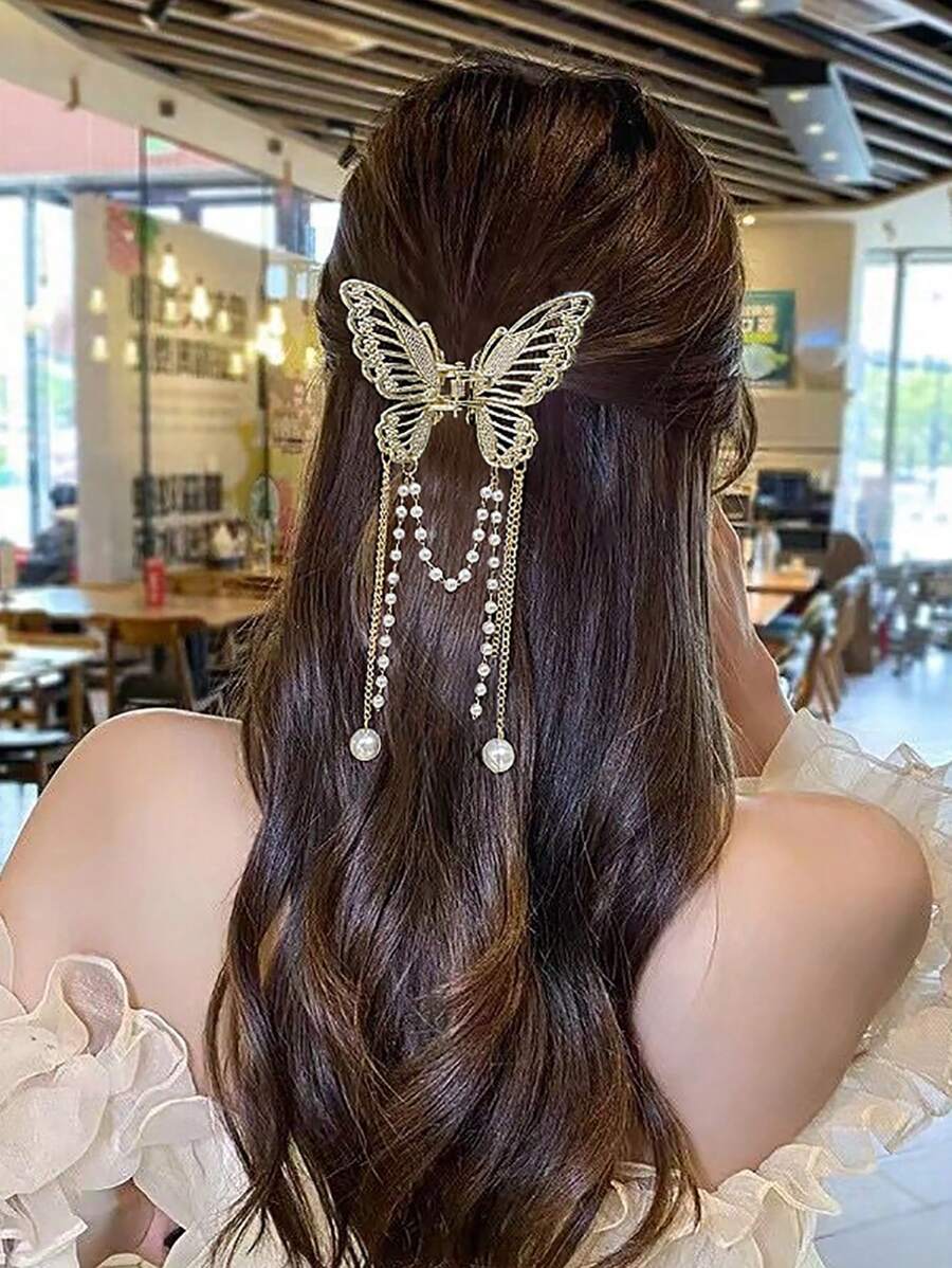 1个镂空蝴蝶仿珍珠流苏发爪（流苏长度随机），Y2k 爪夹发夹发卡夹发夹发饰发夹发卡，适合上学、大学、秋冬季度假装扮，夏季海滩风情。