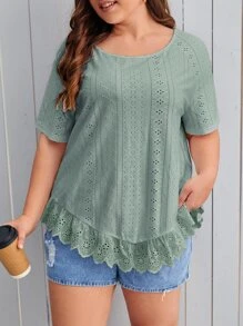 SHEIN LUNE Plus Eyelet Embroidery Raglan Sleeve Ruffle Hem Blouse - Green - View 1