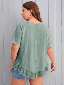 SHEIN LUNE Plus Eyelet Embroidery Raglan Sleeve Ruffle Hem Blouse - Green - View 2