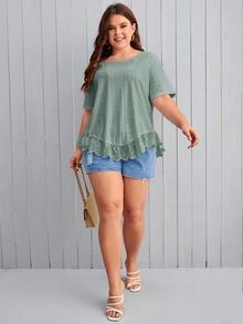 SHEIN LUNE Plus Eyelet Embroidery Raglan Sleeve Ruffle Hem Blouse - Green - View 4