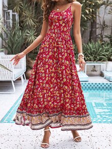SHEIN 印花荷葉邊吊帶連衣裙 - 紅色 - 查看 4