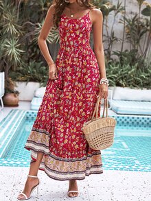 SHEIN 印花荷葉邊吊帶連衣裙 - 紅色 - 查看 5