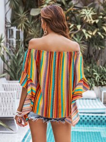 SHEIN VCAY Striped Off Shoulder Batwing Sleeve Blouse