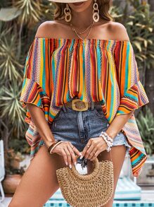 SHEIN VCAY Striped Off Shoulder Batwing Sleeve Blouse