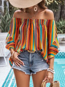 SHEIN VCAY Striped Off Shoulder Batwing Sleeve Blouse