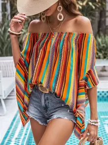 SHEIN VCAY Striped Off Shoulder Batwing Sleeve Blouse