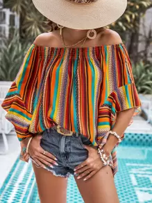 SHEIN VCAY Striped Off Shoulder Batwing Sleeve Blouse