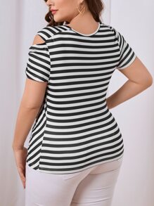 SHEIN Privé Plus Striped Print Twist Front Asymmetrical Neck Tee - Black and White - View 2