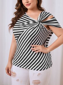 SHEIN Privé Plus Striped Print Twist Front Asymmetrical Neck Tee - Black and White - View 3
